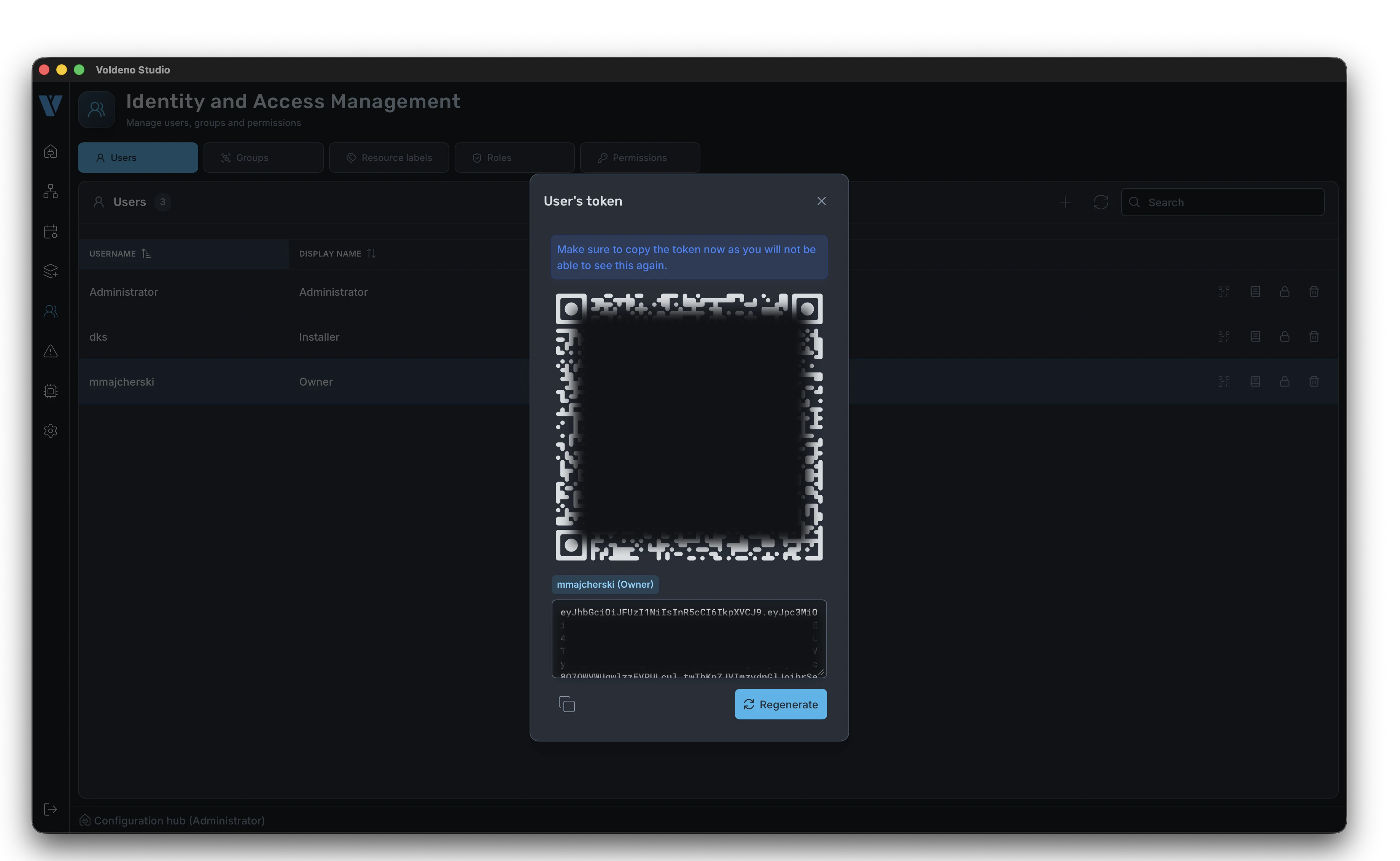 Wyświetlony token parowania z kodem QR