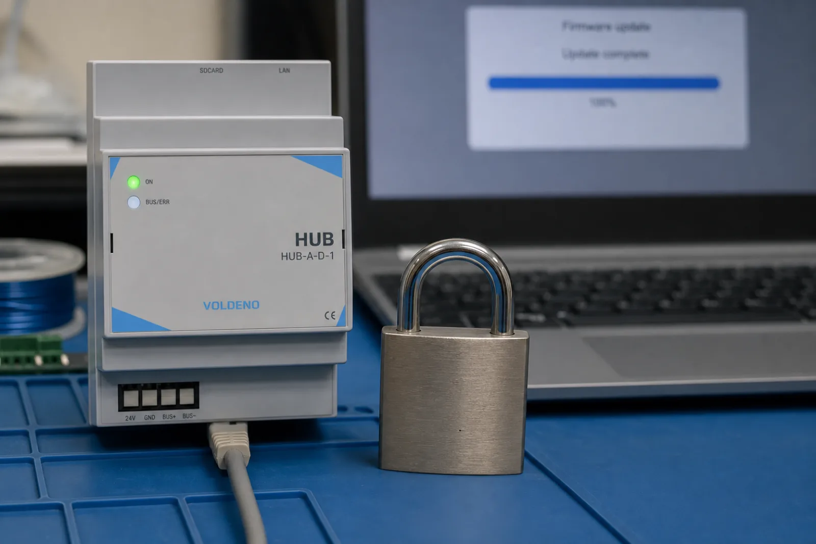 Kłódka przed modułem Voldeno Hub podczas aktualizacji firmware z laptopa - hub instaluje wyłącznie podpisane obrazy