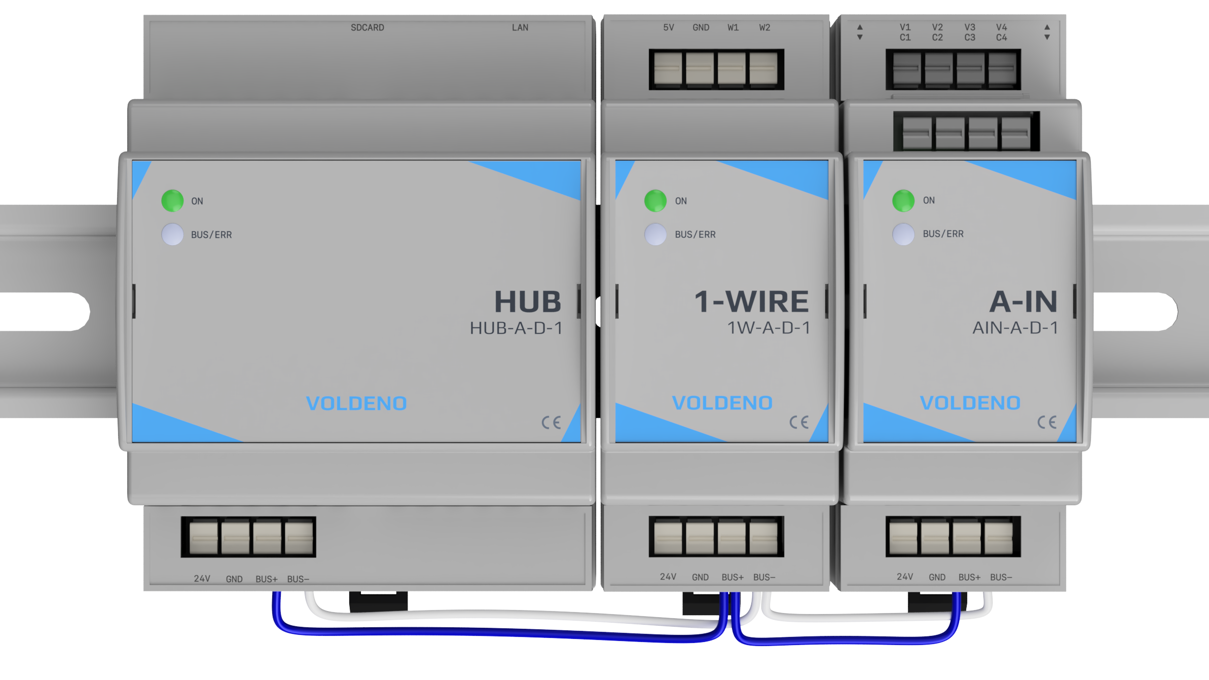 Moduły Voldeno na szynie DIN: Hub, I/O, Relay i 1-Wire połączone magistralą Voldeno Bus